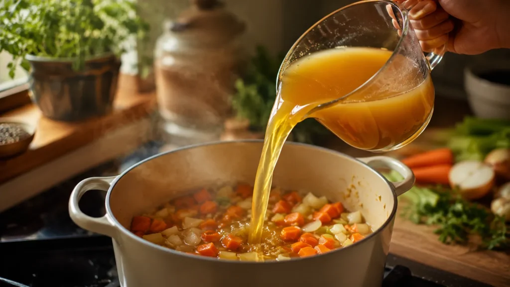 Pouring Vegetable Broth Into the Carrot Soup Pot