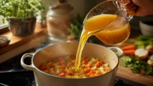 Pouring Vegetable Broth Into the Carrot Soup Pot