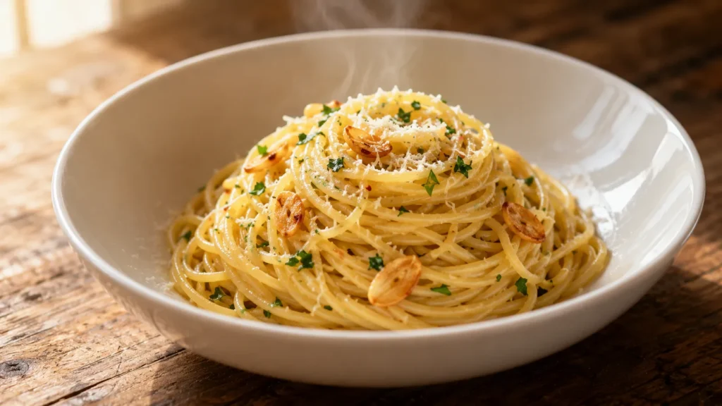 Aglio olio spaghetti served in a white bowl