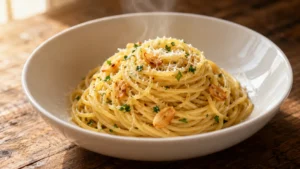Aglio olio spaghetti served in a white bowl
