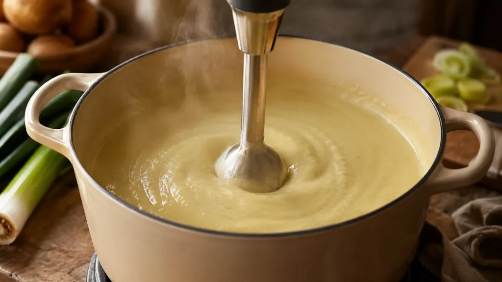 Blending leek and potato soup smooth