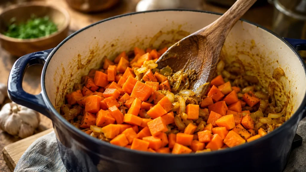 Adding Fresh Chopped Carrots to the Spiced Pot