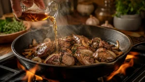 Brandy being poured into a sizzling pan