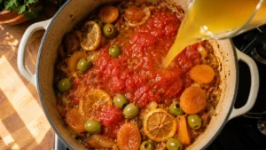 Building the Rich Tagine Sauce with Tomatoes and Chicken Stock