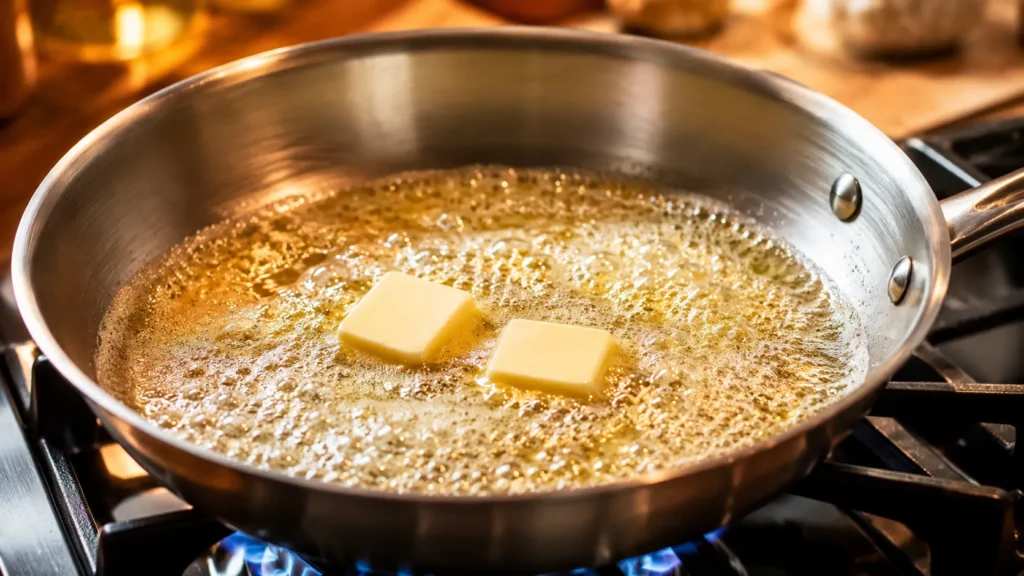 Butter melting and foaming in a hot skillet