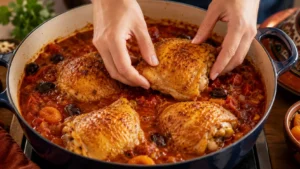 Chicken Thighs Nestled Back Into the Tagine Sauce
