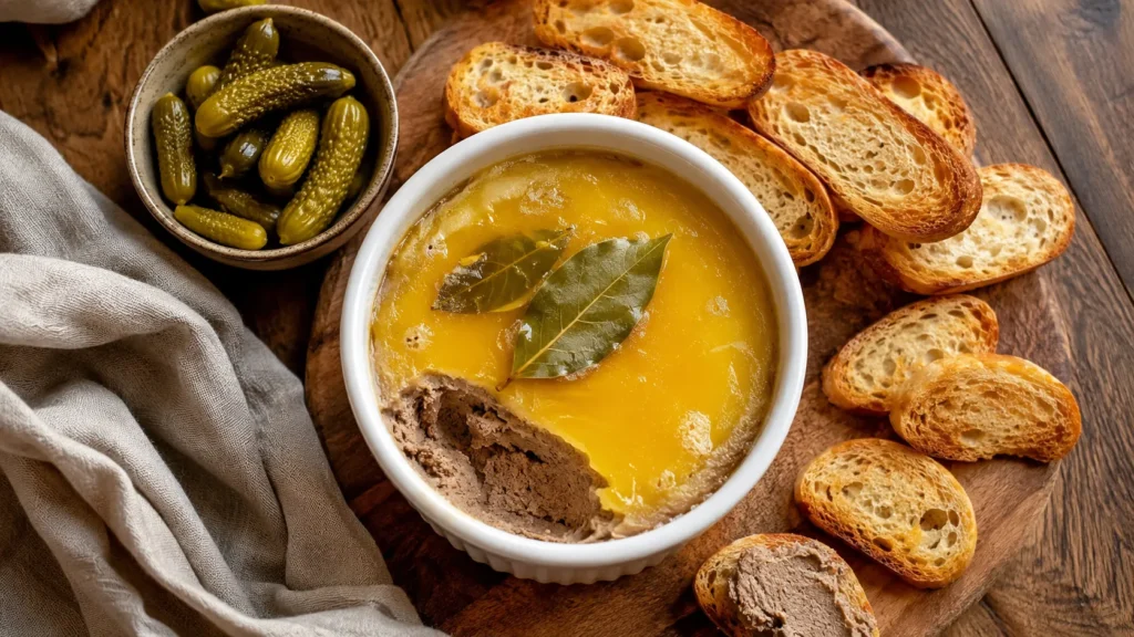 Chicken liver pate in a white ramekin with toasted baguette slices