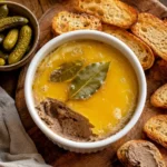 Chicken liver pate in a white ramekin with toasted baguette slices