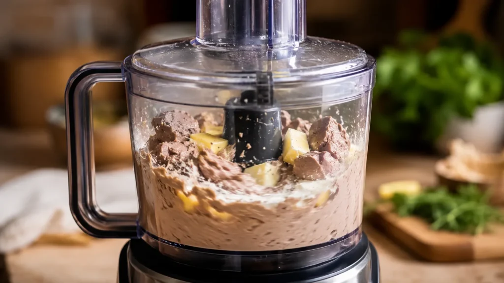 Chicken livers blending smooth in a food processor