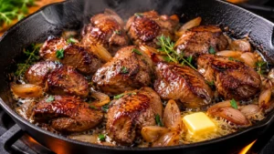 Chicken livers searing golden brown in a skillet