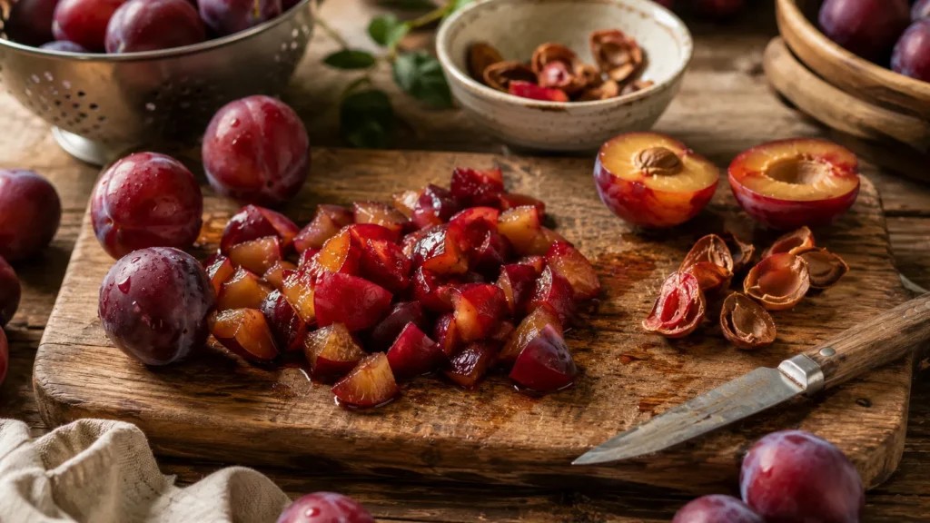 Chopping fresh ripe plums