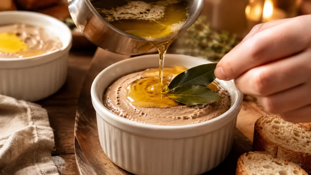 Clarified butter being poured over pate in a ramekin