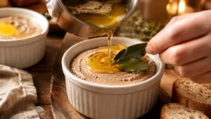 Clarified butter being poured over pate in a ramekin