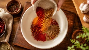 Colorful spices poured into white bowl