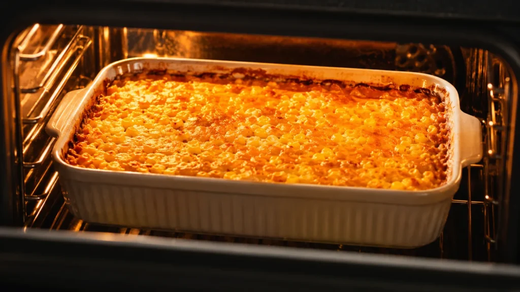 Corn casserole baking golden in the oven