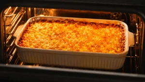 Corn casserole baking golden in the oven