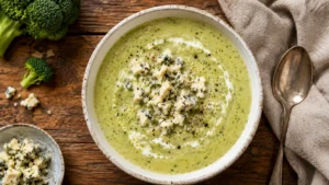 Creamy broccoli and stilton soup in a white bowl