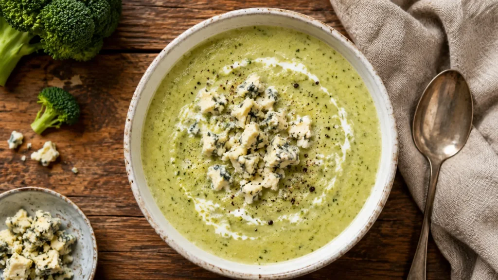 Creamy broccoli and stilton soup in a white bowl