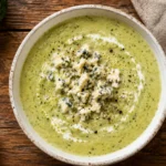 Creamy broccoli and stilton soup in a white bowl
