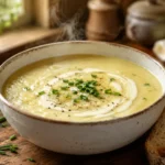 Creamy leek and potato soup in a white bowl