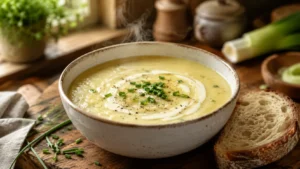 Creamy leek and potato soup in a white bowl