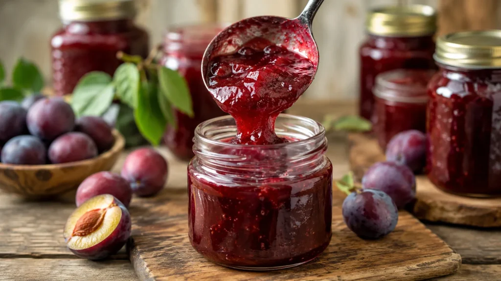 Filling jar with plum jam