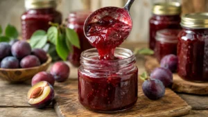 Filling jar with plum jam