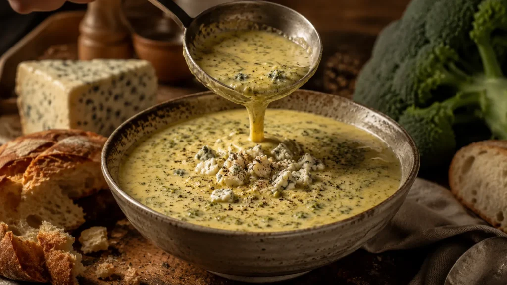 Finished broccoli stilton soup being served