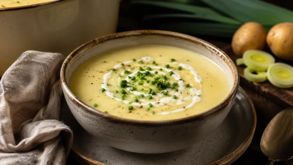 Finished soup garnished with fresh chives