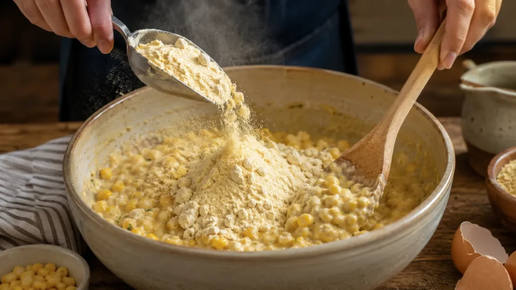 Folding cornbread mix into corn batter