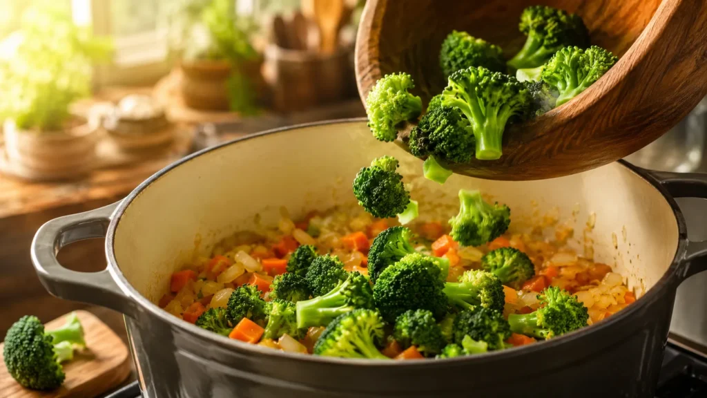 Fresh broccoli florets added to the pot