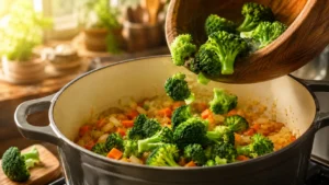 Fresh broccoli florets added to the pot