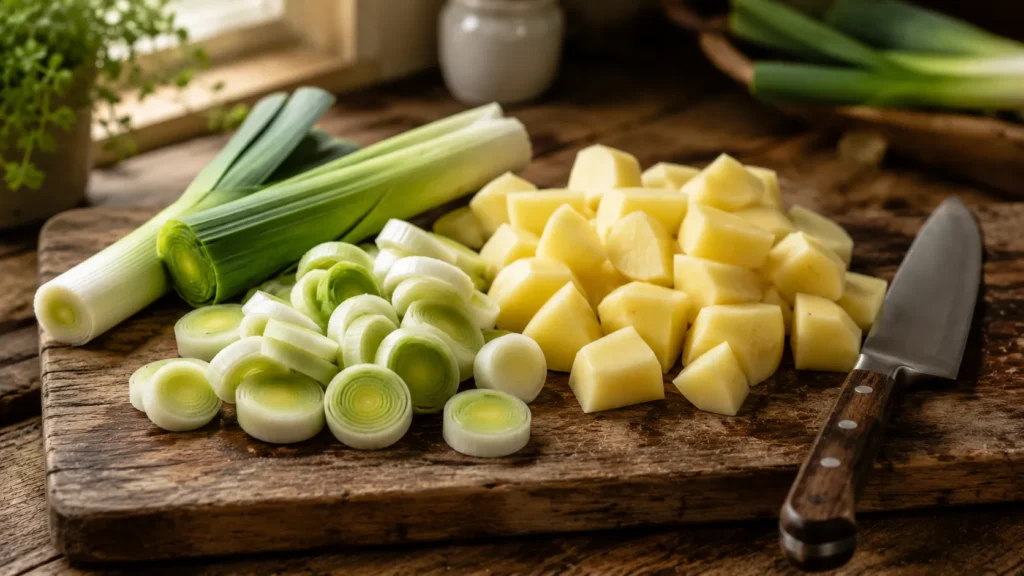 Fresh leeks and potatoes on cutting board