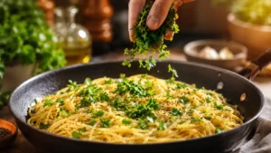 Fresh parsley scattered over aglio olio pasta