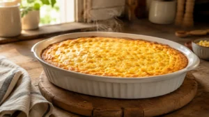 Freshly baked corn casserole resting on counter