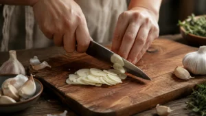 Garlic cloves being thinly sliced on cutting board