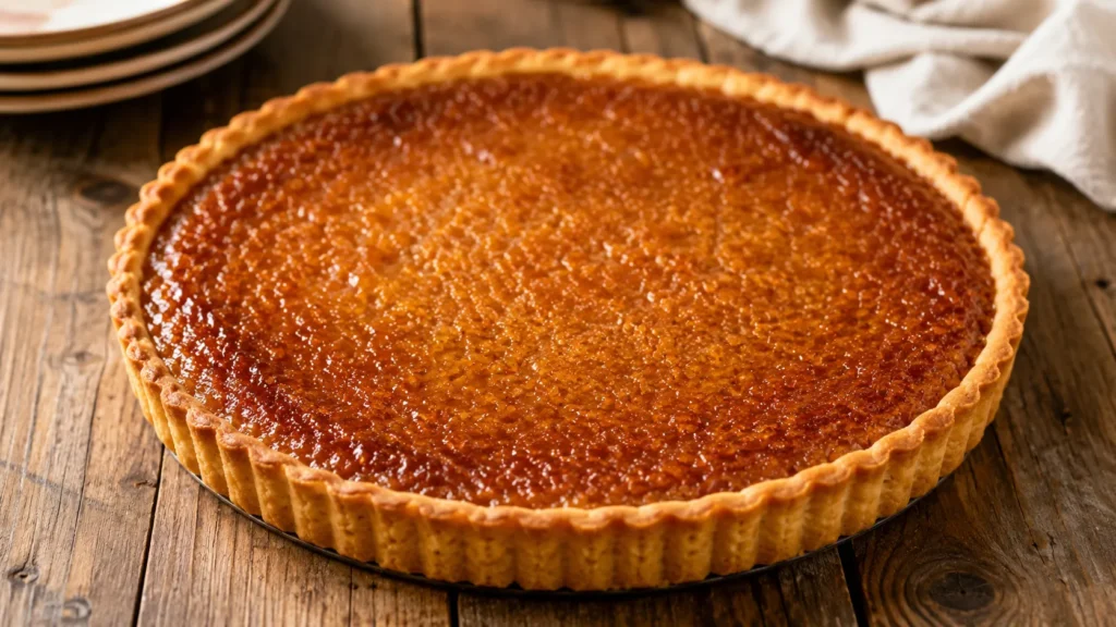Golden treacle tart on wooden table