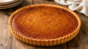 Golden treacle tart on wooden table