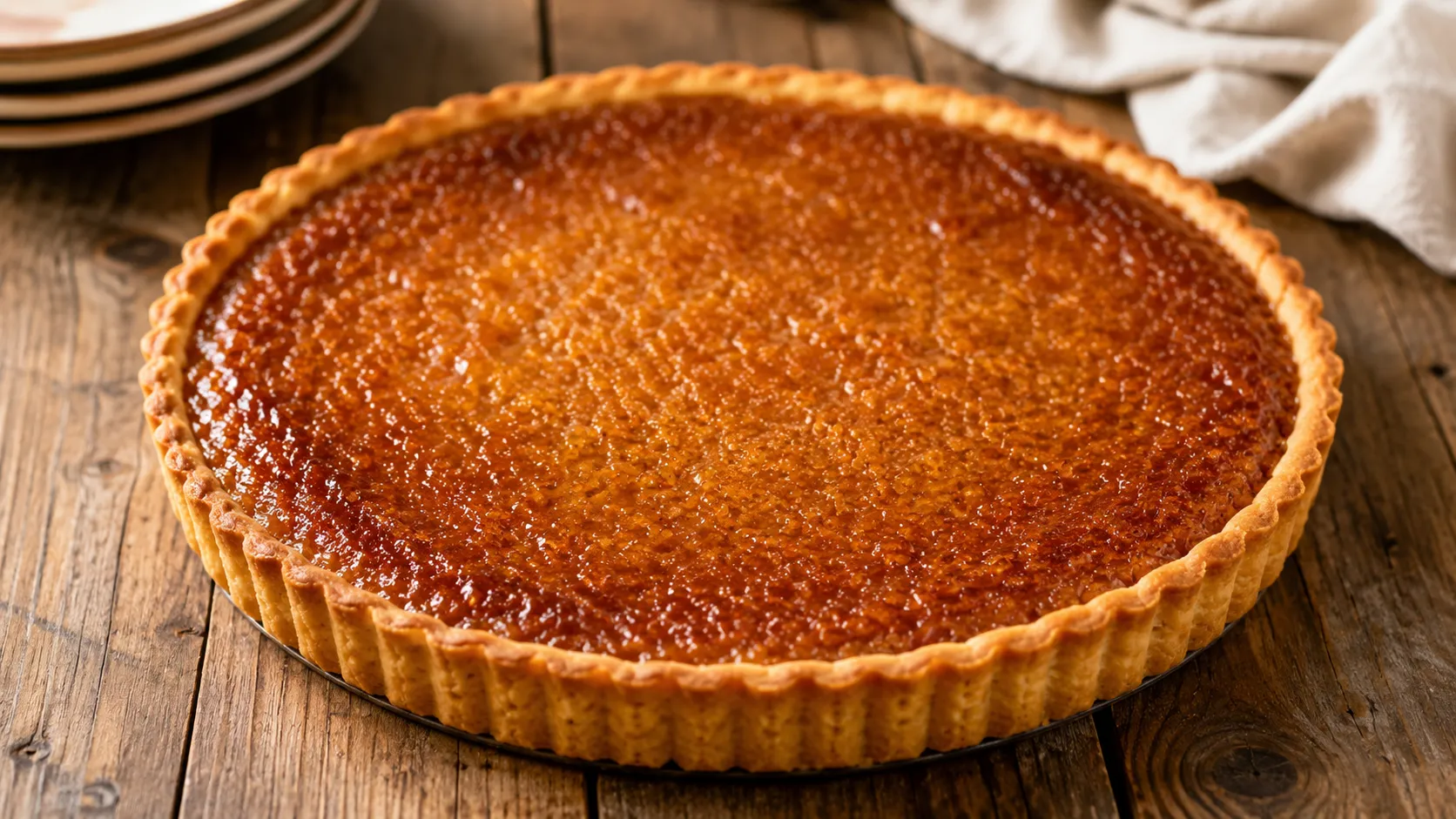 Golden treacle tart on wooden table