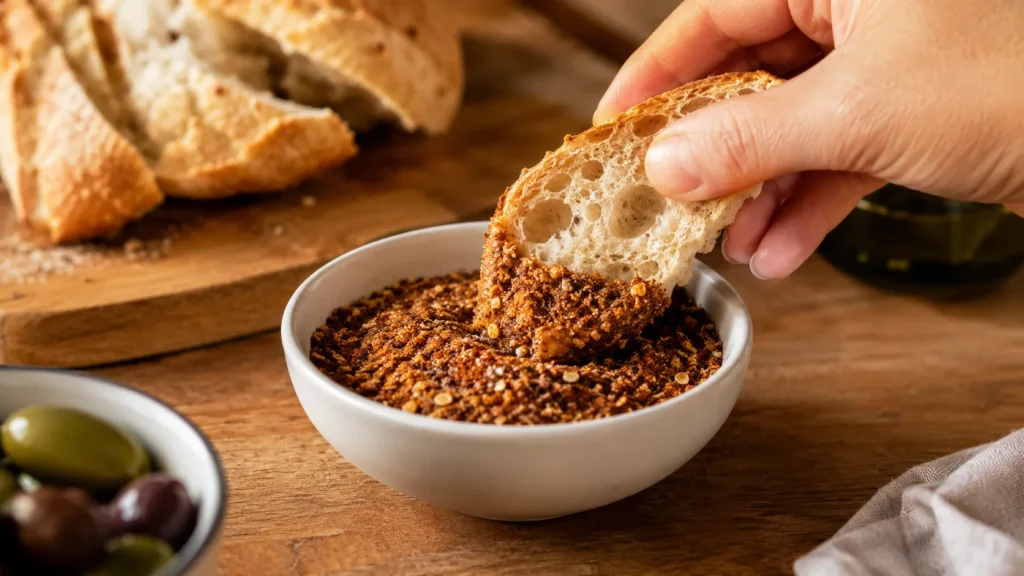 Hand dipping bread into spice blend