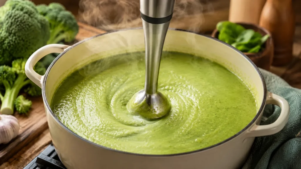 Immersion blender blitzing green soup