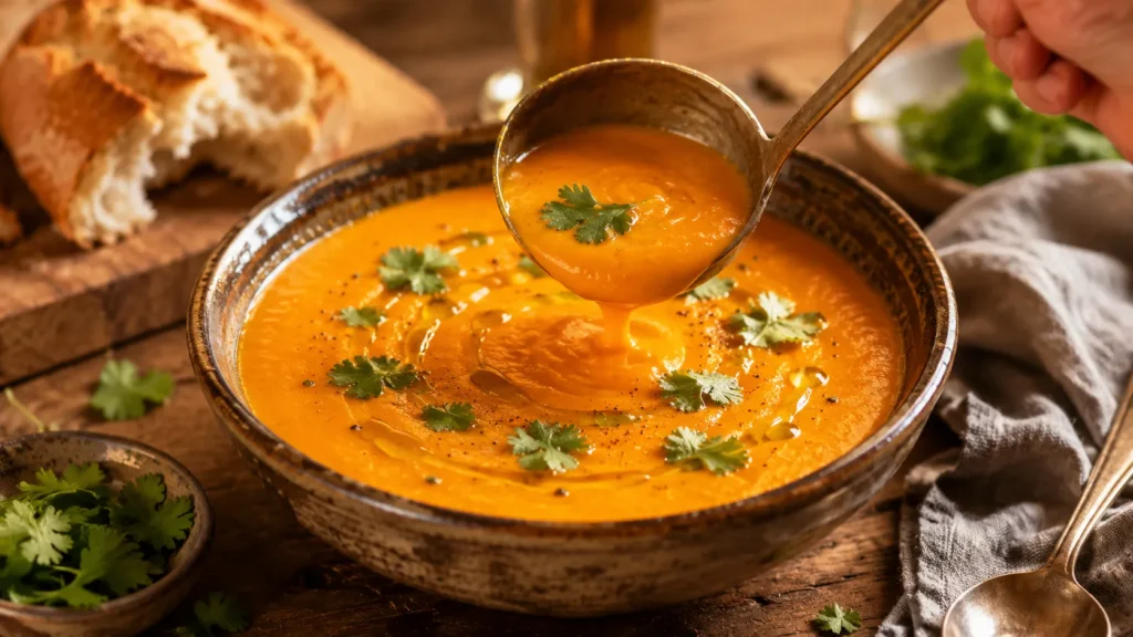 Ladling Finished Carrot and Coriander Soup Into a Bowl