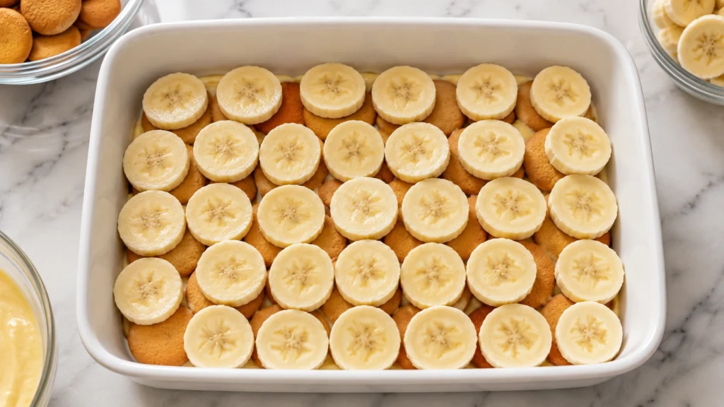Layering Bananas and Vanilla Wafers