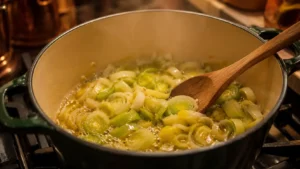 Leeks softening in butter in a pot