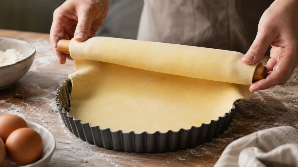 Lining tart tin with pastry