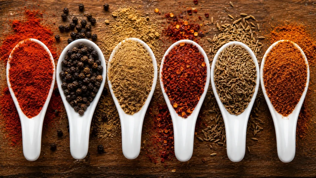 Measured spices in spoons on wooden counter