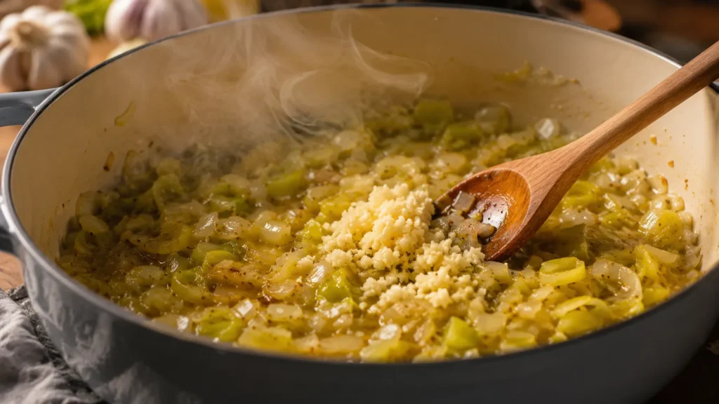 Minced garlic stirred into softened leeks