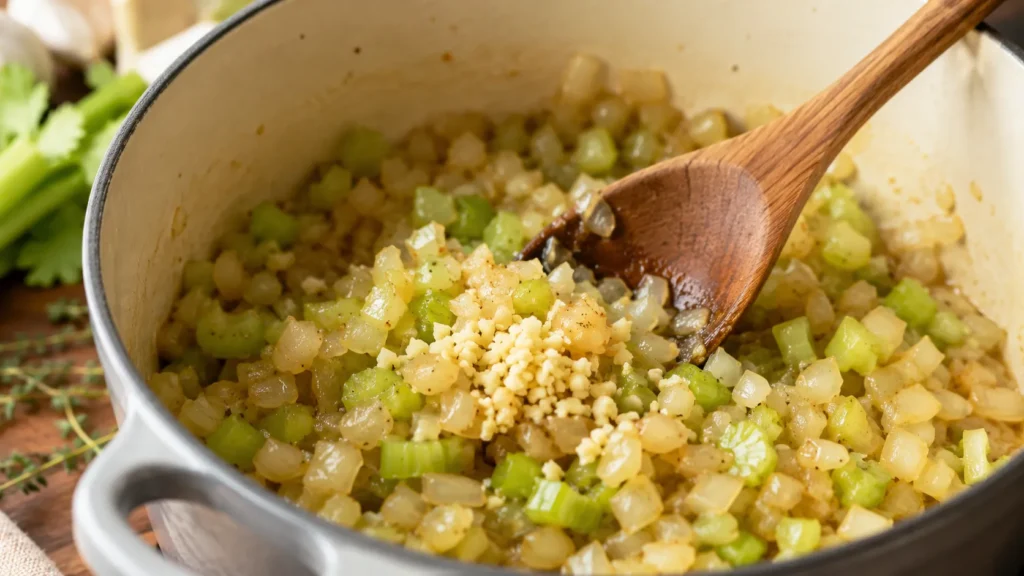 Minced garlic stirred into softened vegetables
