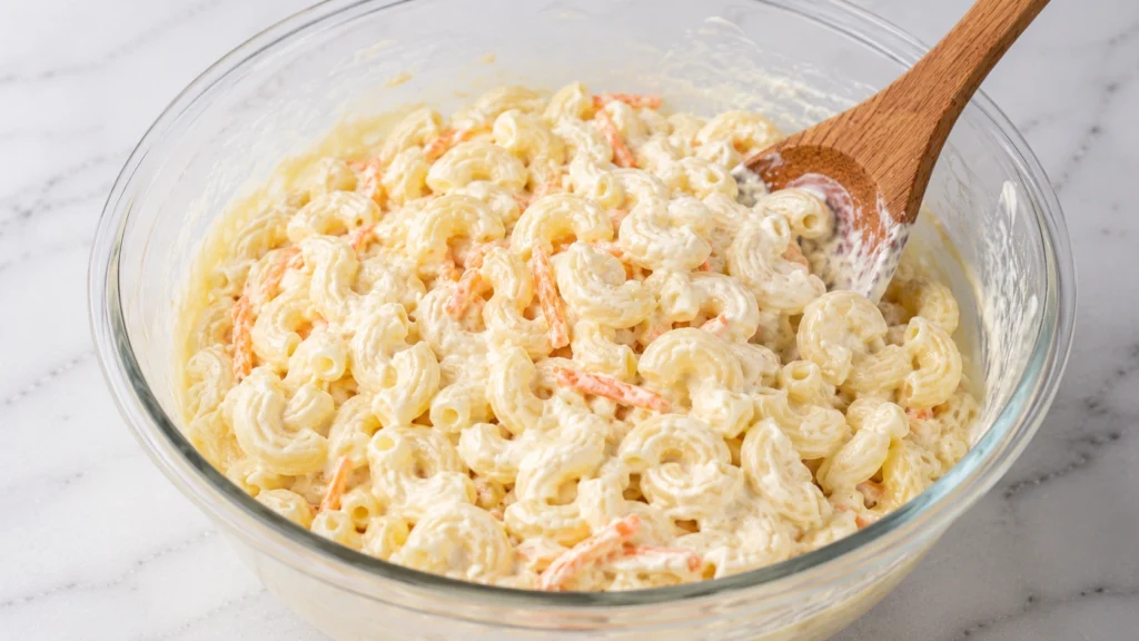 Mixing Macaroni with Creamy Dressing