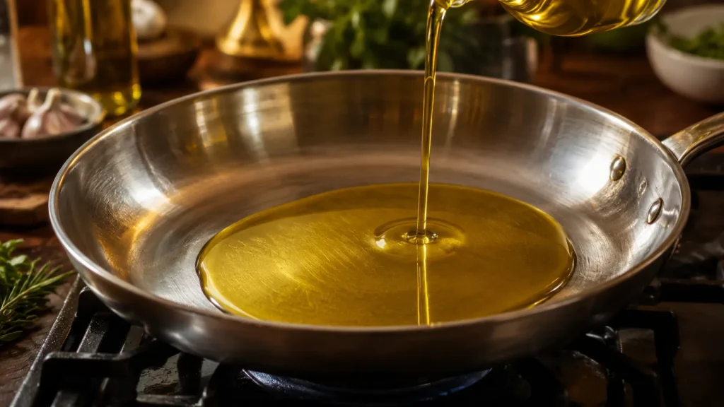Olive oil warming in a skillet on low heat